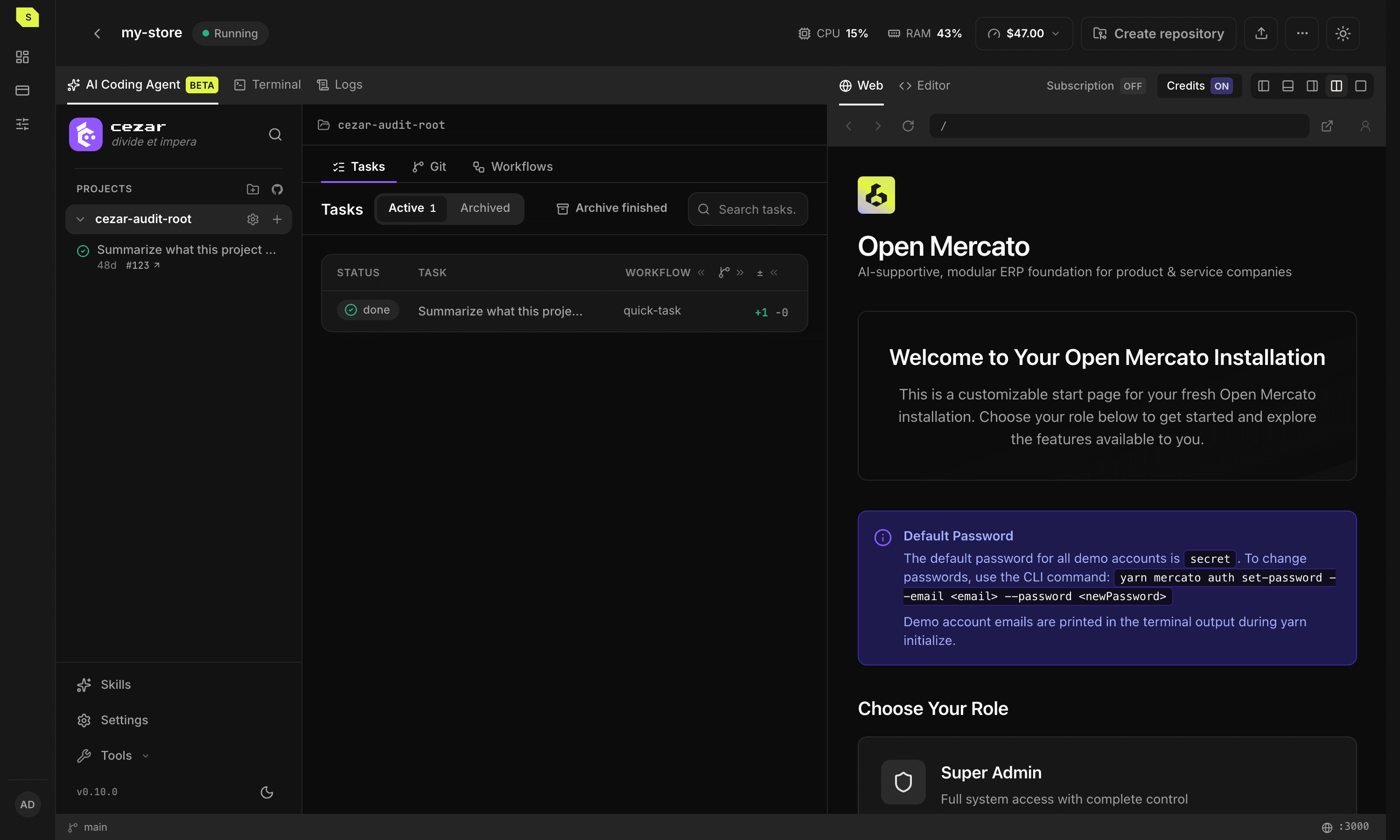 Open Mercato Sandbox workspace with a coding agent and a running app.